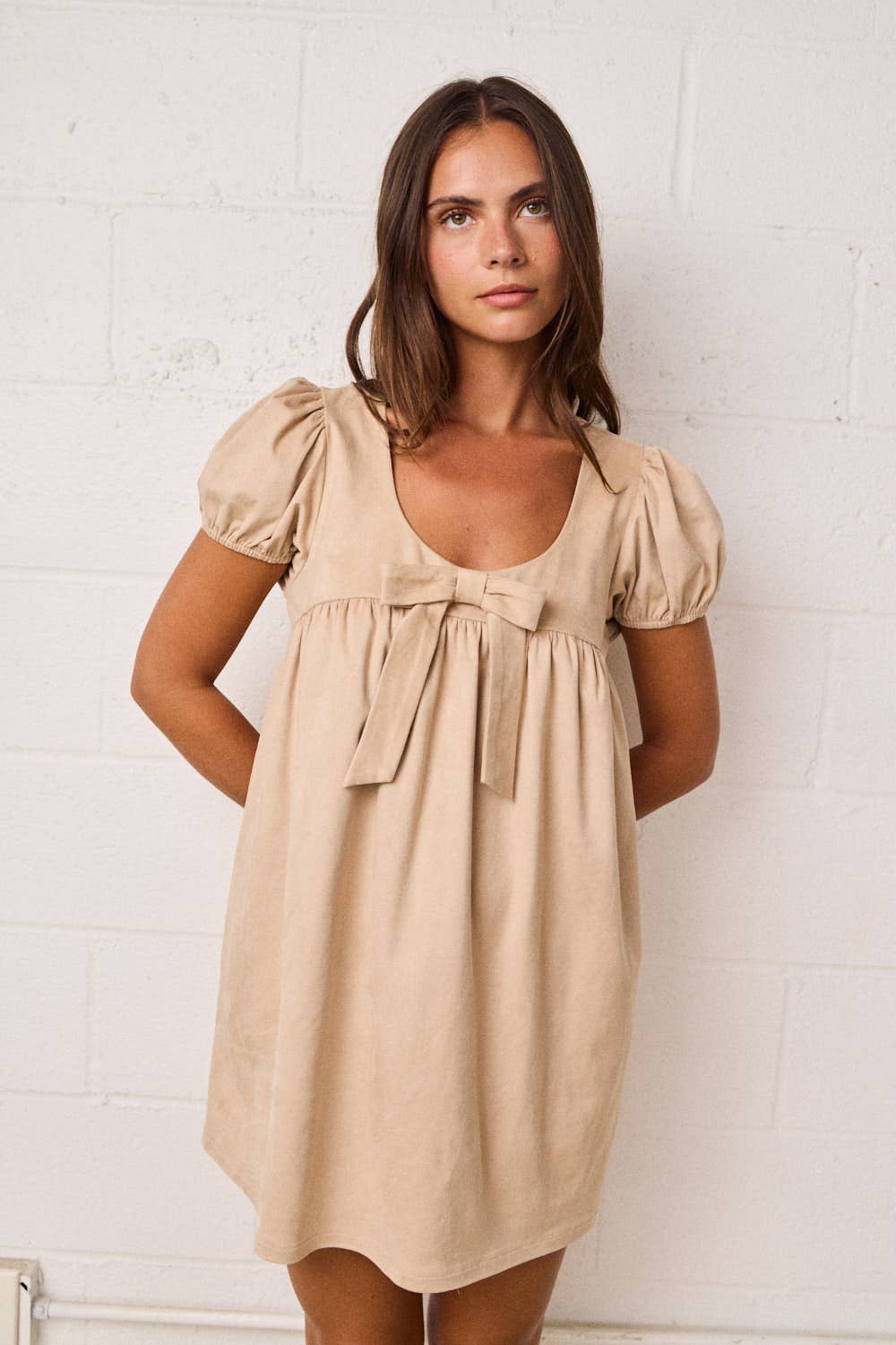 Puff Sleeve Babydoll Dress w/Bow