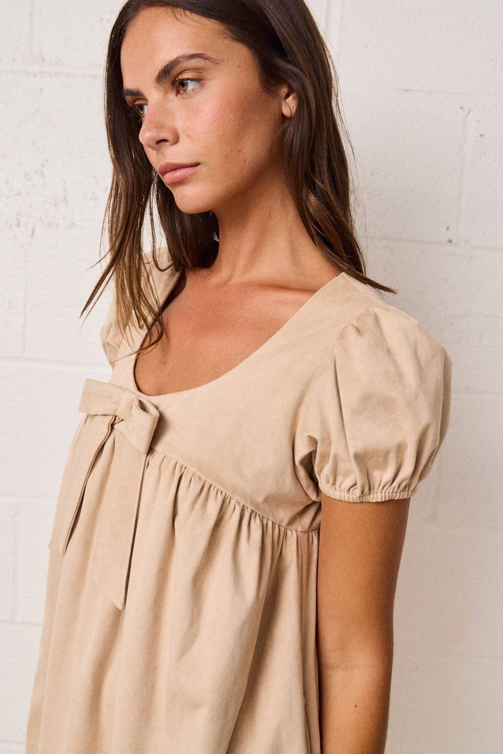 Puff Sleeve Babydoll Dress w/Bow