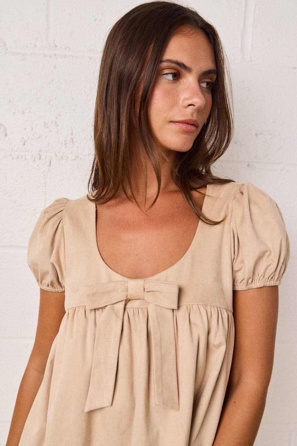 Puff Sleeve Babydoll Dress w/Bow