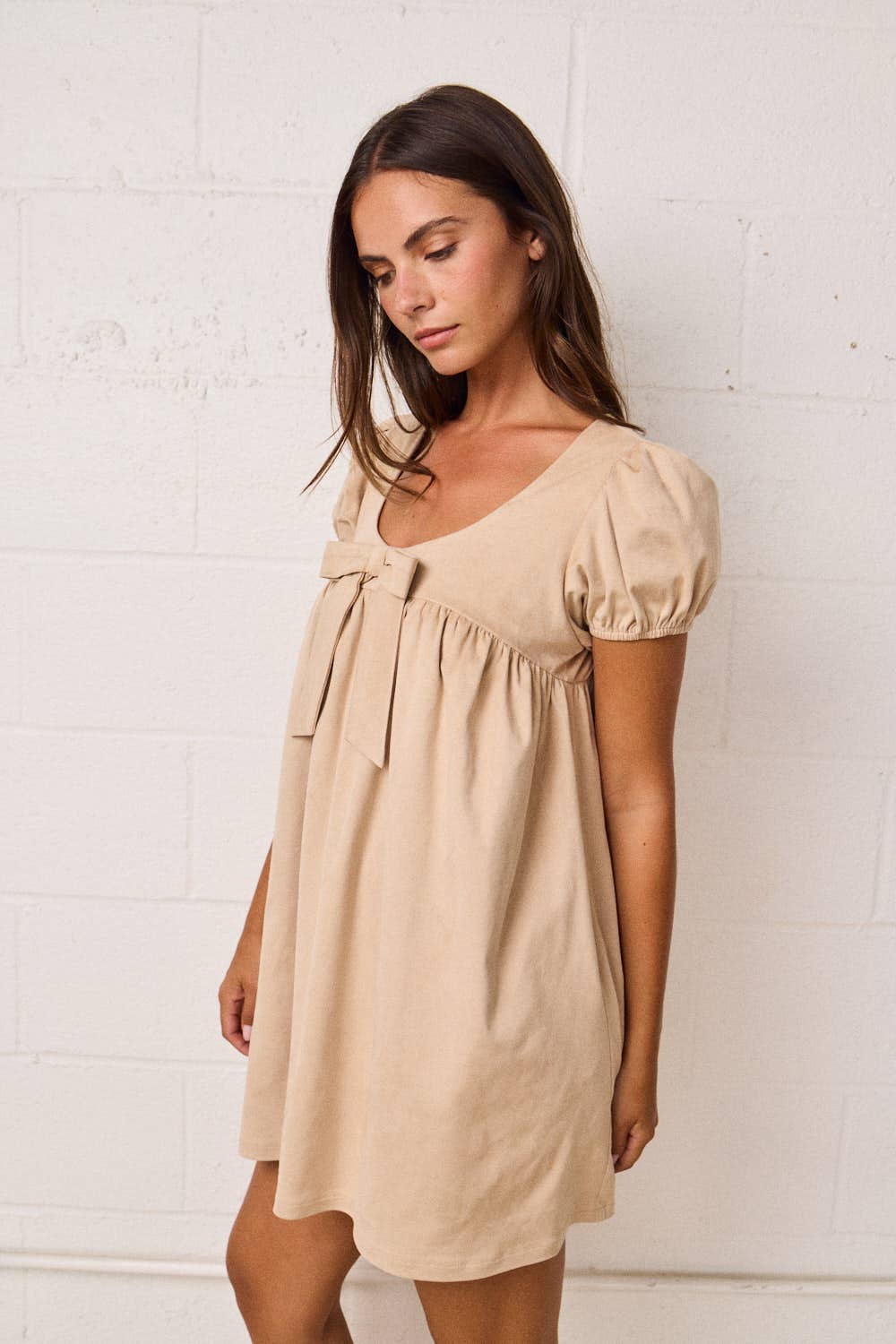 Puff Sleeve Babydoll Dress w/Bow