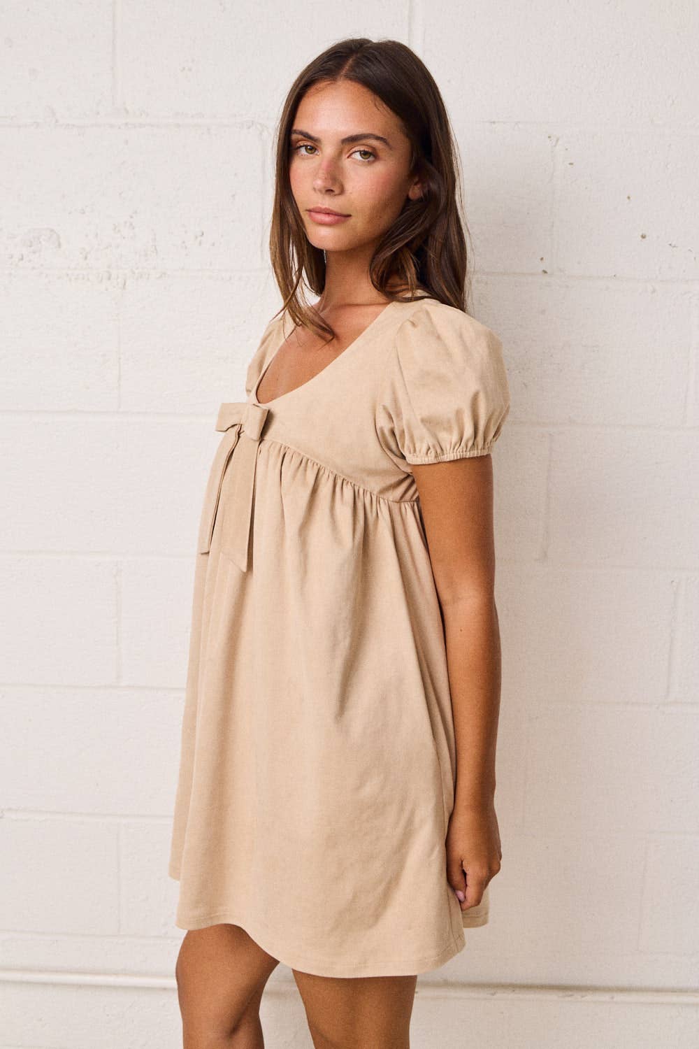 Puff Sleeve Babydoll Dress w/Bow