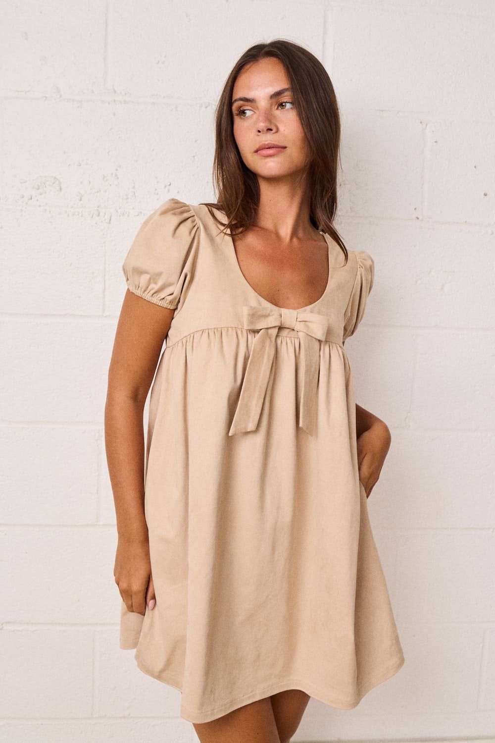Puff Sleeve Babydoll Dress w/Bow