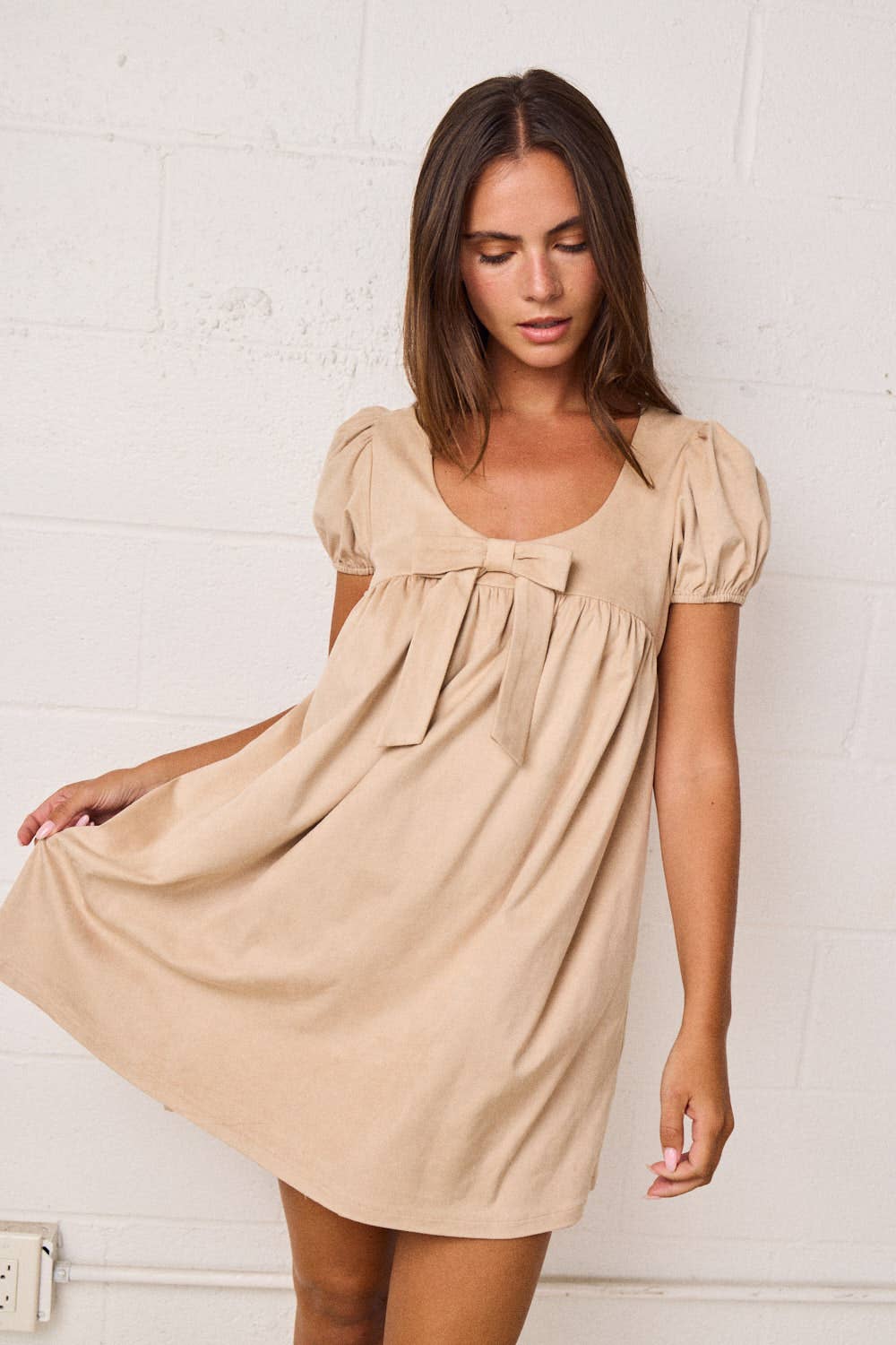 Puff Sleeve Babydoll Dress w/Bow