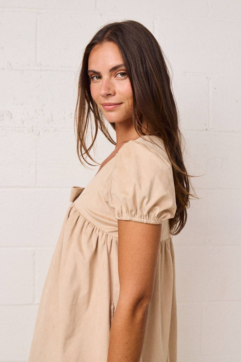 Puff Sleeve Babydoll Dress w/Bow